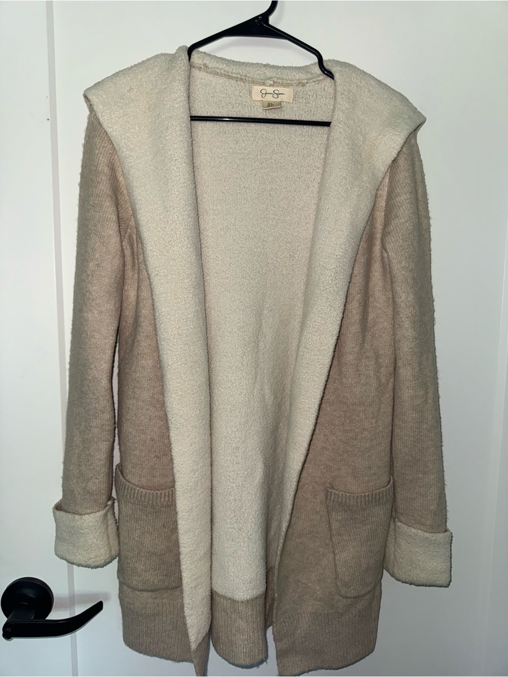Jessica Simpson Two-Tone Hooded Open-Front Cardigan in Cream and Taupe